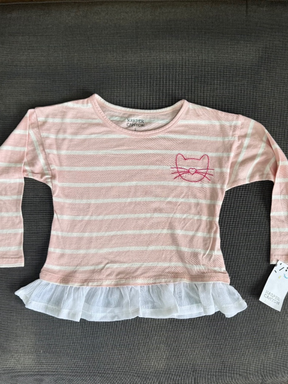 Harper Canyon Pink Stripe Cat Ruffle Hem Top Girls Size 2T NWT